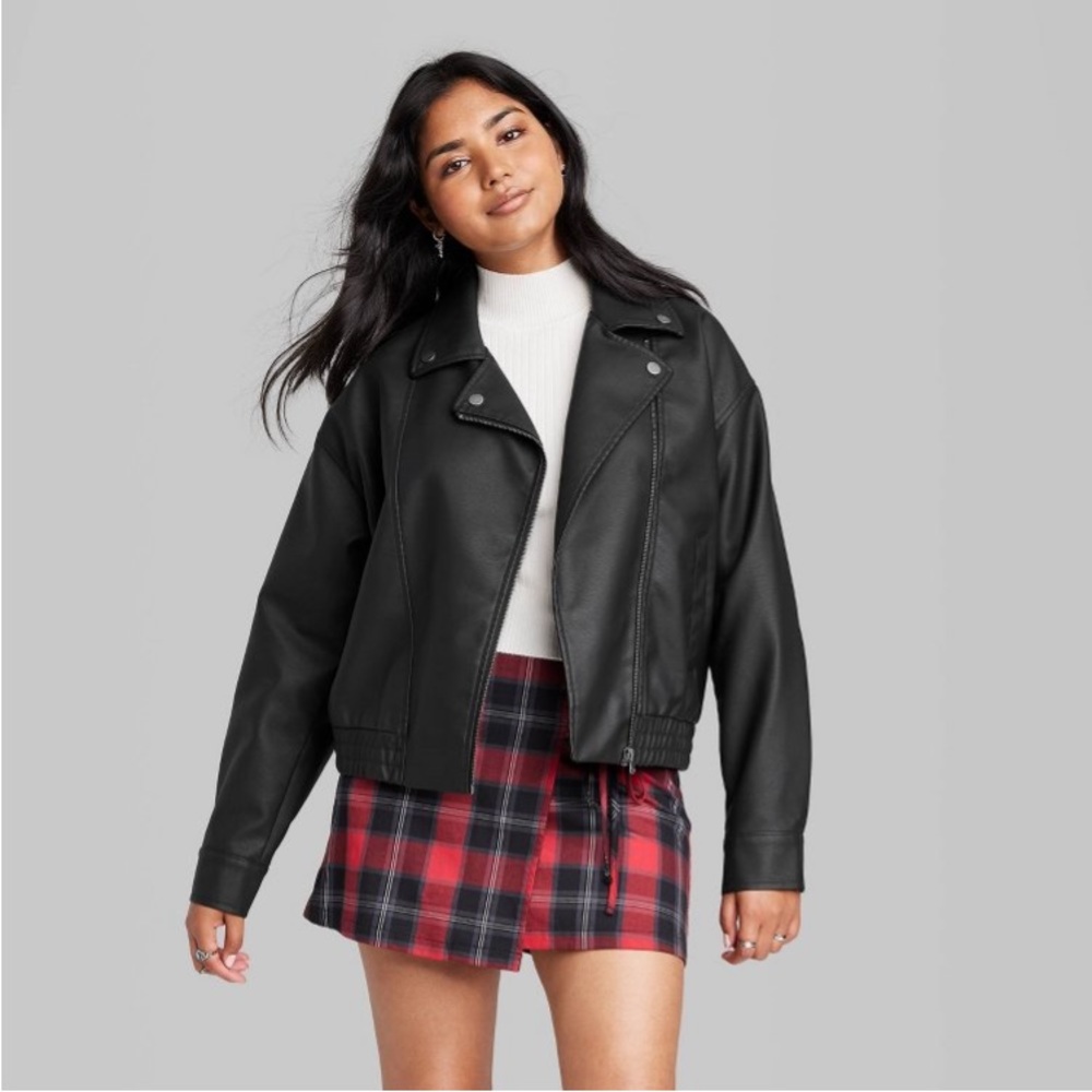 Women's Faux Black Leather Moto Jacket - Wild Fable Size S